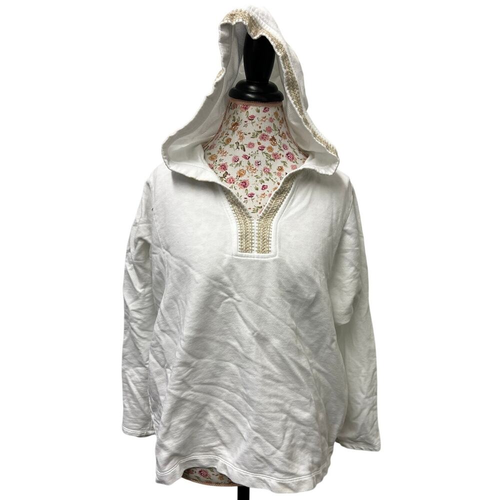 🤍 Pure Jill Petite Hoodie Tunic Top White Cotton Blend Size M Boho Pullover - Picture 1 of 4